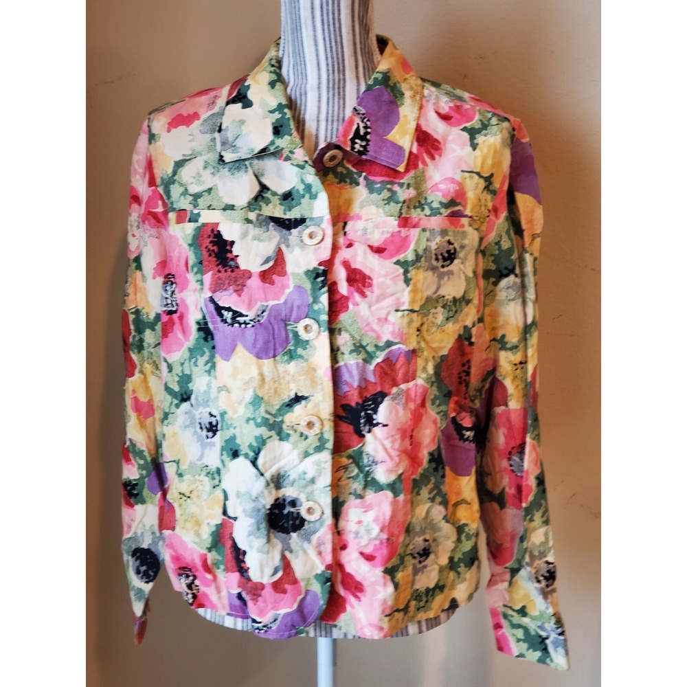 Coldwater creek Floral Lightweight jacket Shacket Silk Cotton Linen Women Sz M